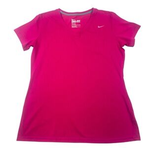 NIKE DRI‎ FIT Women L Performance Top V-Neck Slim Fit T-shirt Magenta Athletic